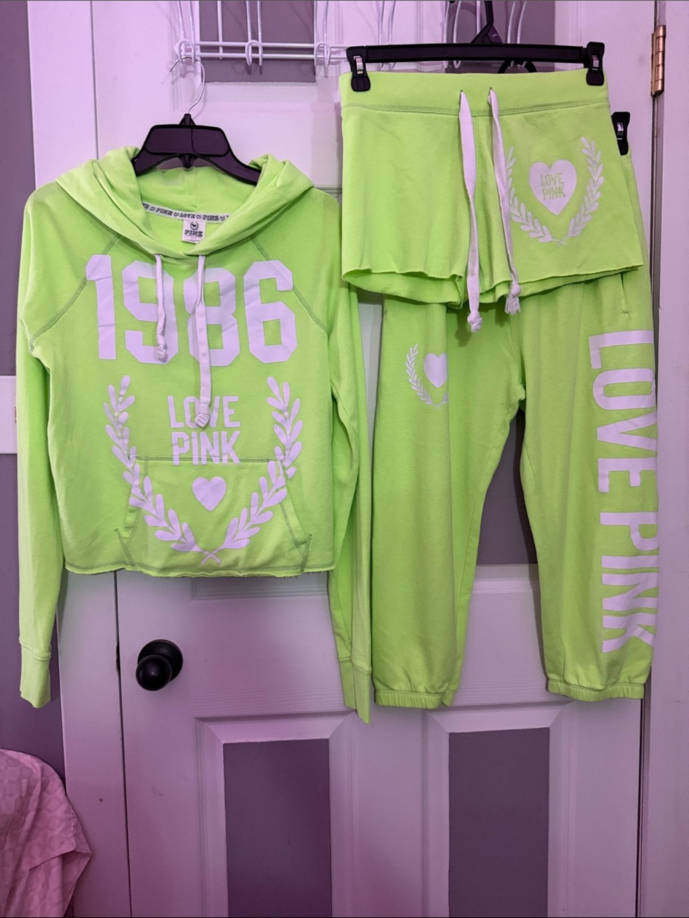 PINK Victoria's Secret 3 Piece Neon Lime Hoodie & Jogger Set with White Graphics